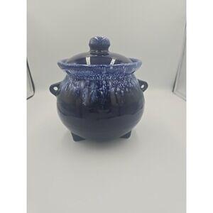 Vintage Cobalt Blue Bean‎ Pot Calderon Drip Glazed With Lid Footed Stoneware